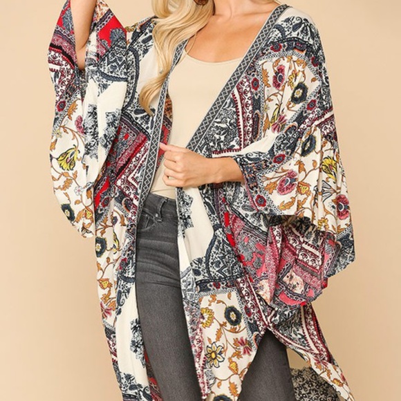 Vibrant border print ruffle sleeves kimono - Picture 3 of 8